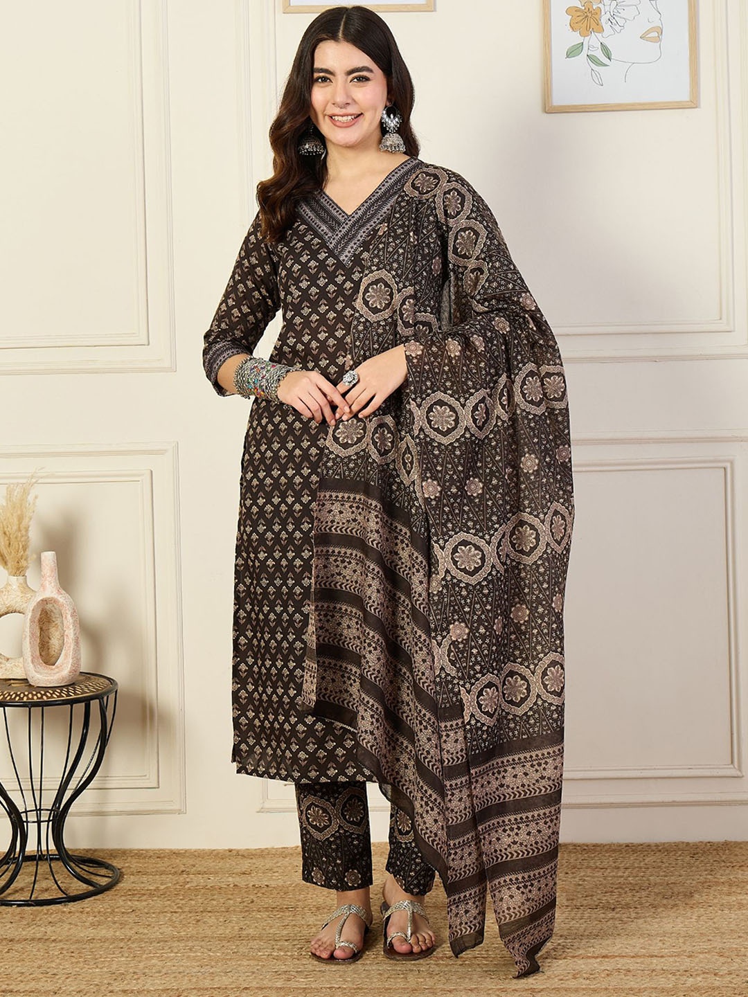 

KALINI V-Neck Floral Printed Straight Kurta with Trouser & Dupatta, Black