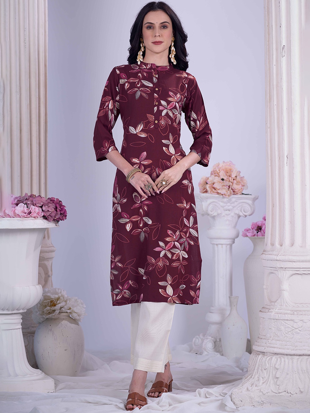 Anouk Floral Printed Mandarin Collar Straight Kurta, Magenta