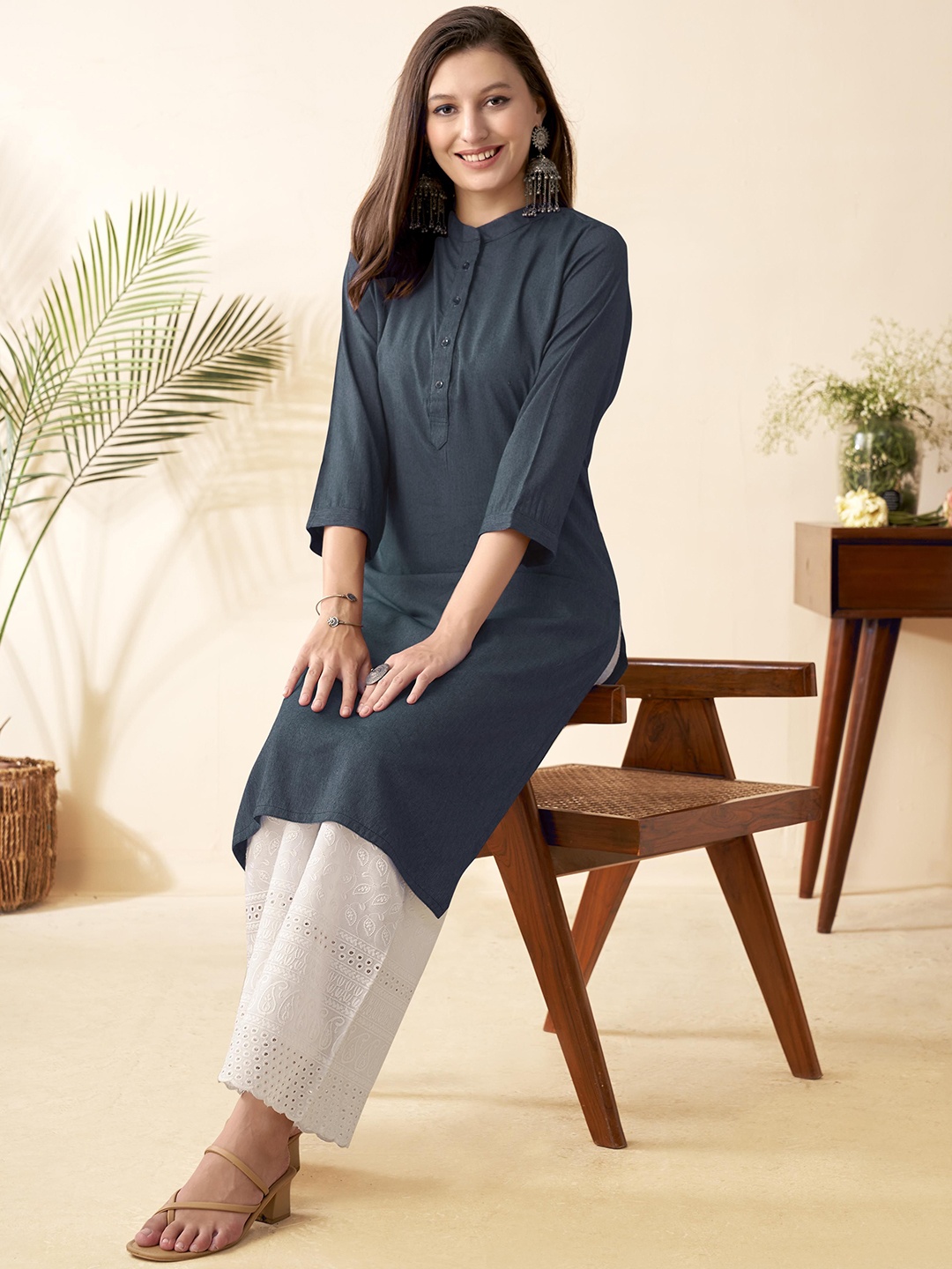 

Anouk Mandarin Collar Pure Cotton Straight Kurta, Teal