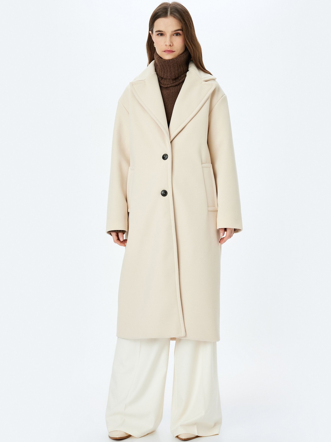 

Koton Women Single-Breasted Longline Overcoat, Beige