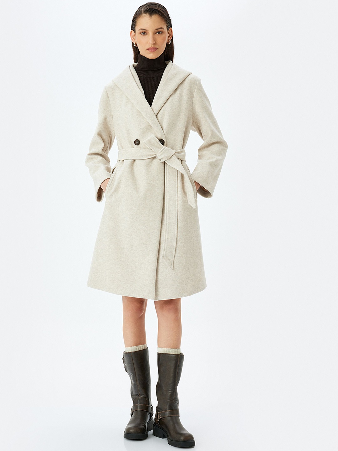 Koton Double Breasted Overcoat, Beige