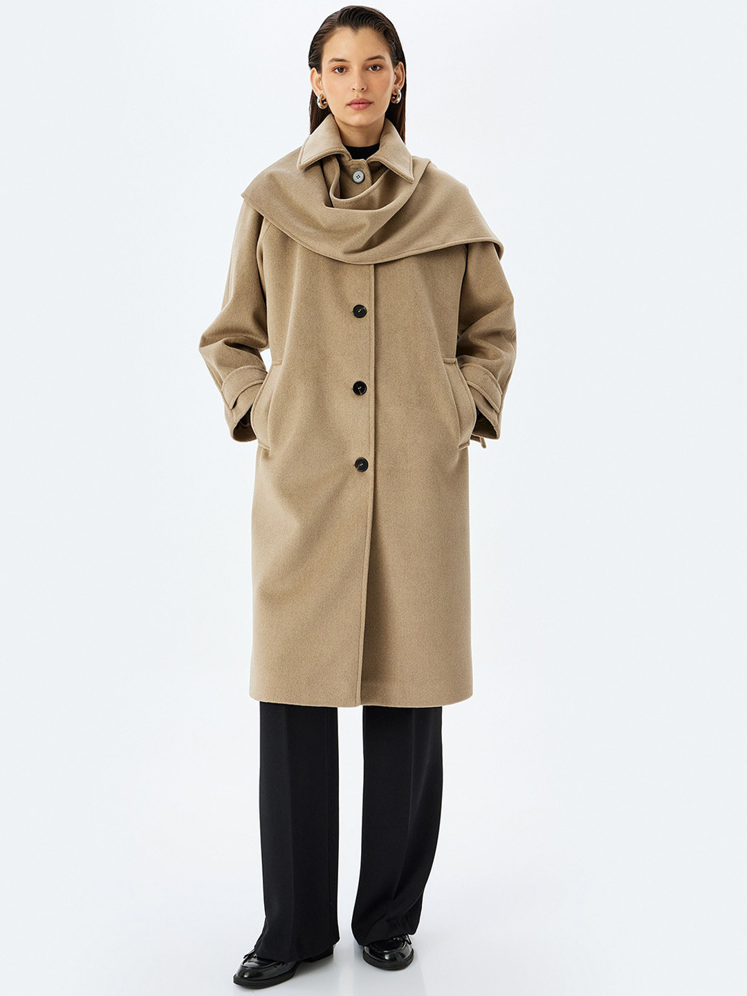 

Koton Women Spread Collar Single-Breasted Longline Overcoat, Khaki