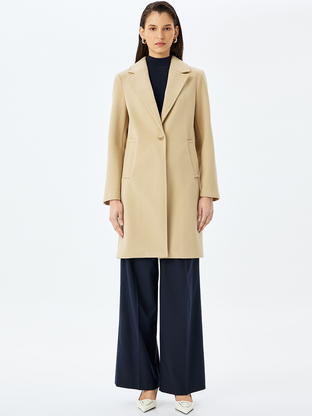 

Koton Notched Lapel Collar Single-Breasted Overcoat, Beige