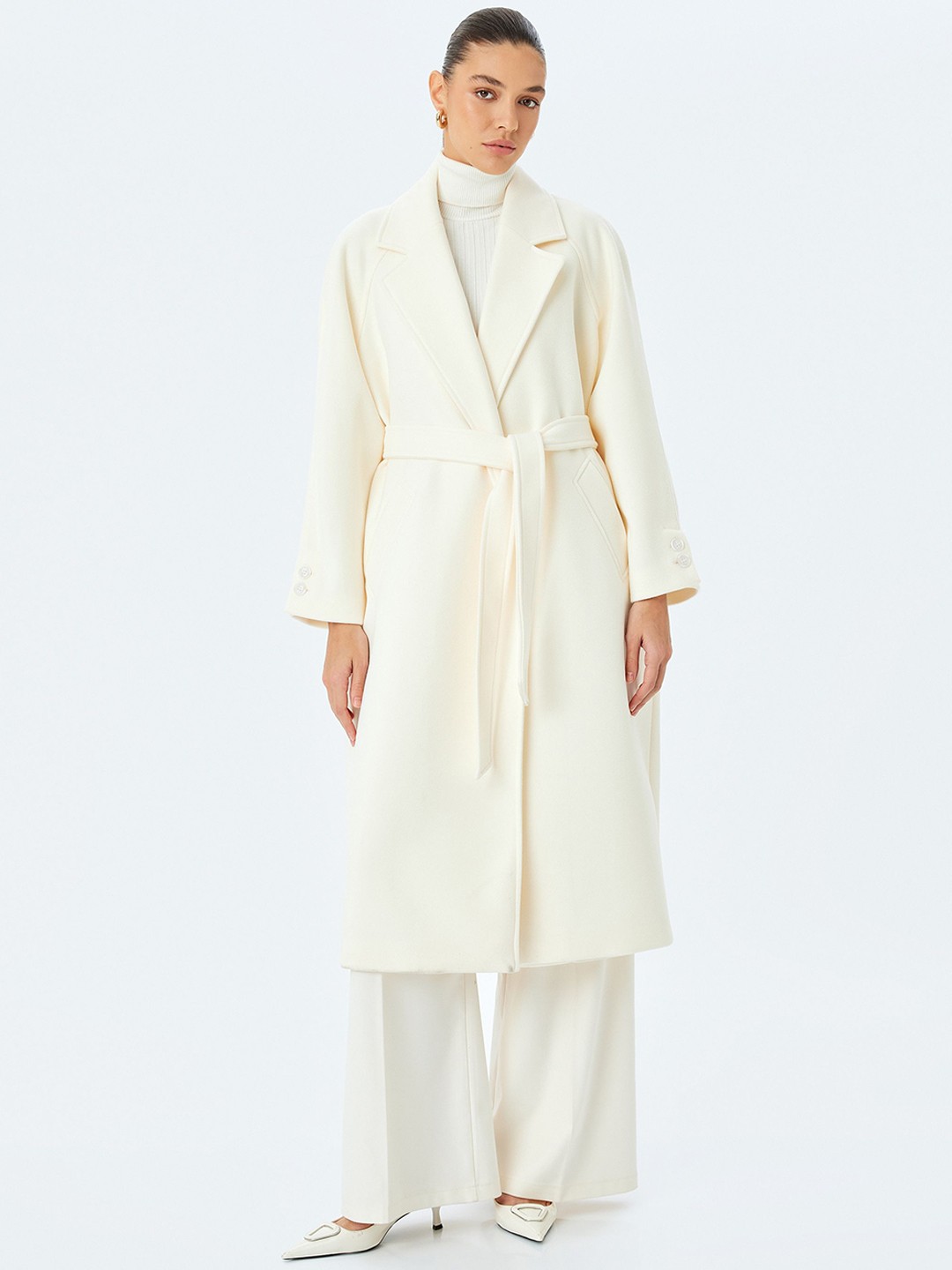 

Koton Women Notched Lapel Front Open Overcoat, Beige