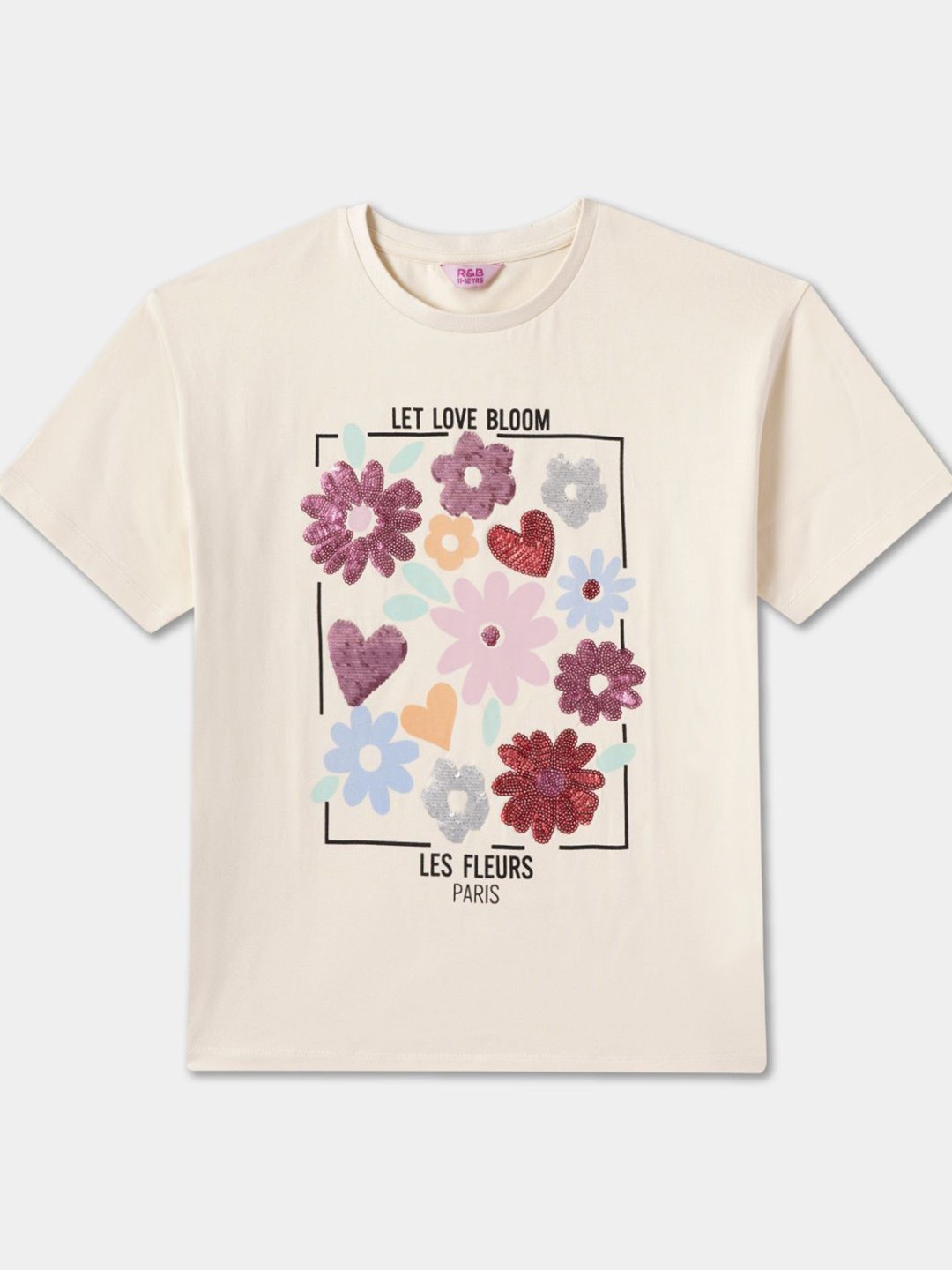 

R&B Girls Floral Printed Cotton Top, Beige