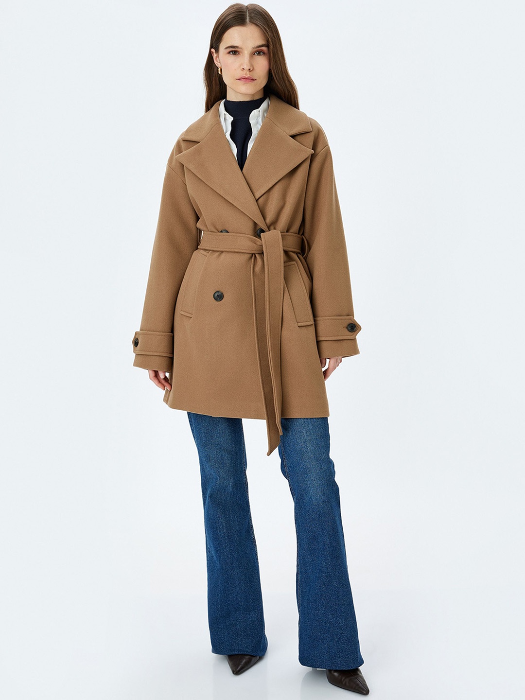 

Koton Women Notched Lapel Double-Breasted Overcoat With Waist Belt, Grey
