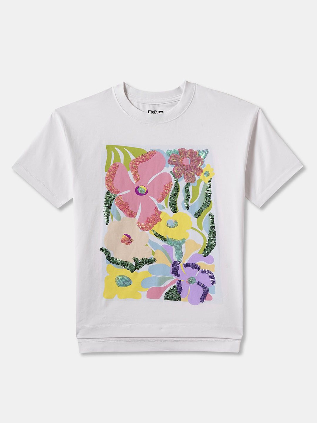 R&B Girls Printed Sequined Cotton Top, White