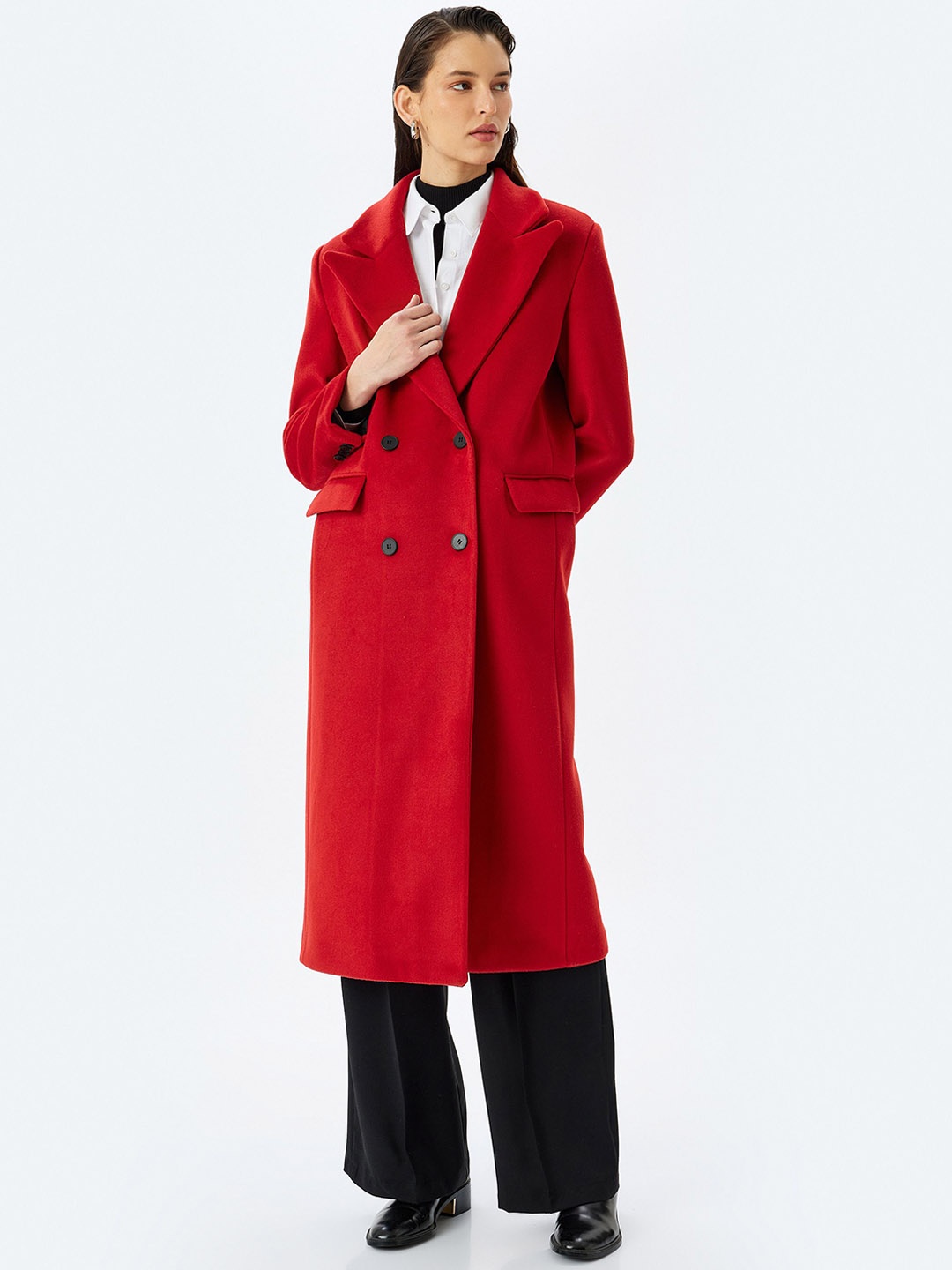 

Koton Women Lapel Collar Double-Breasted Longline Overcoat, Red