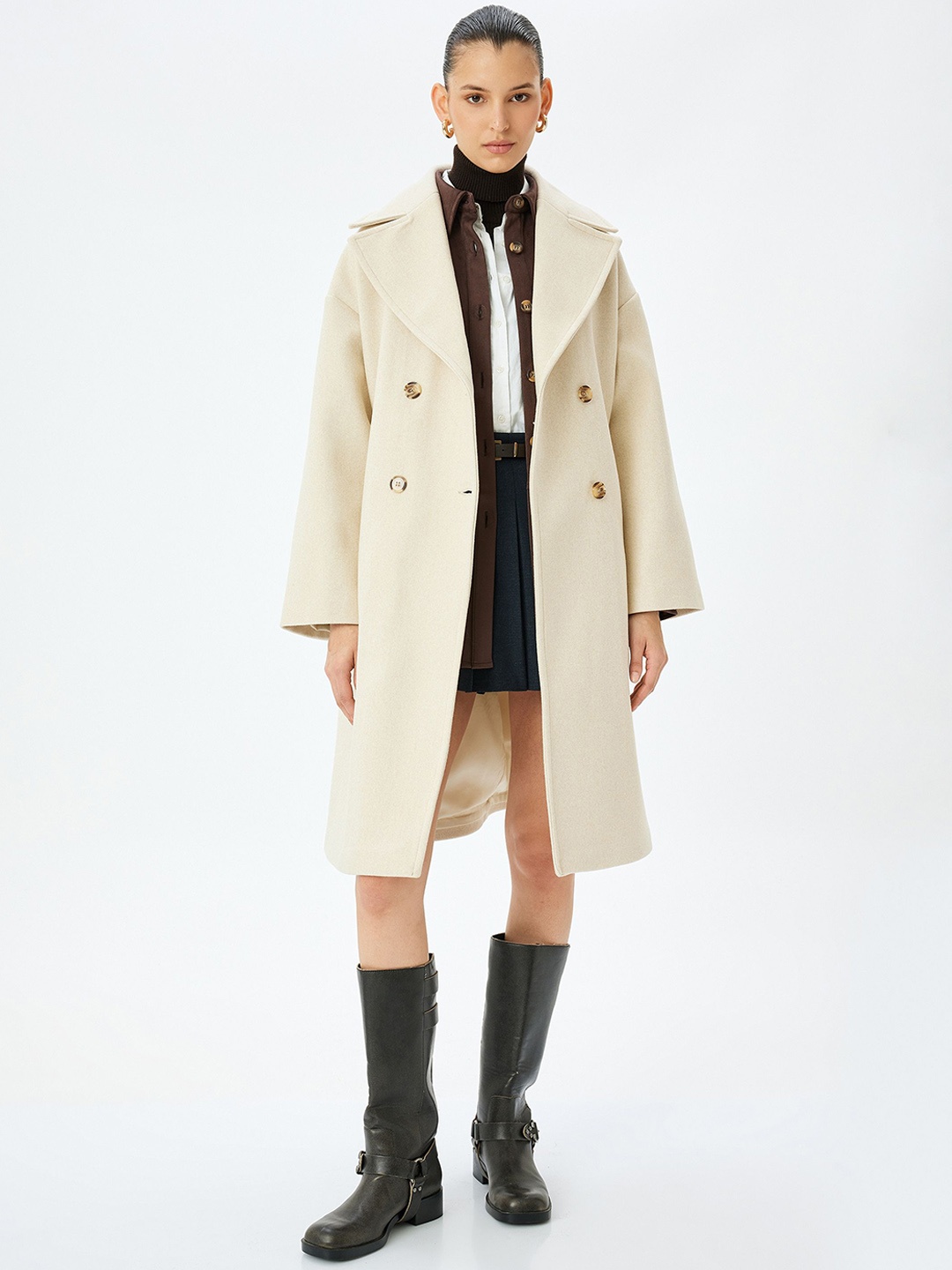 Koton Women Notched Lapel Collar Double-Breasted Longline Overcoat, Beige