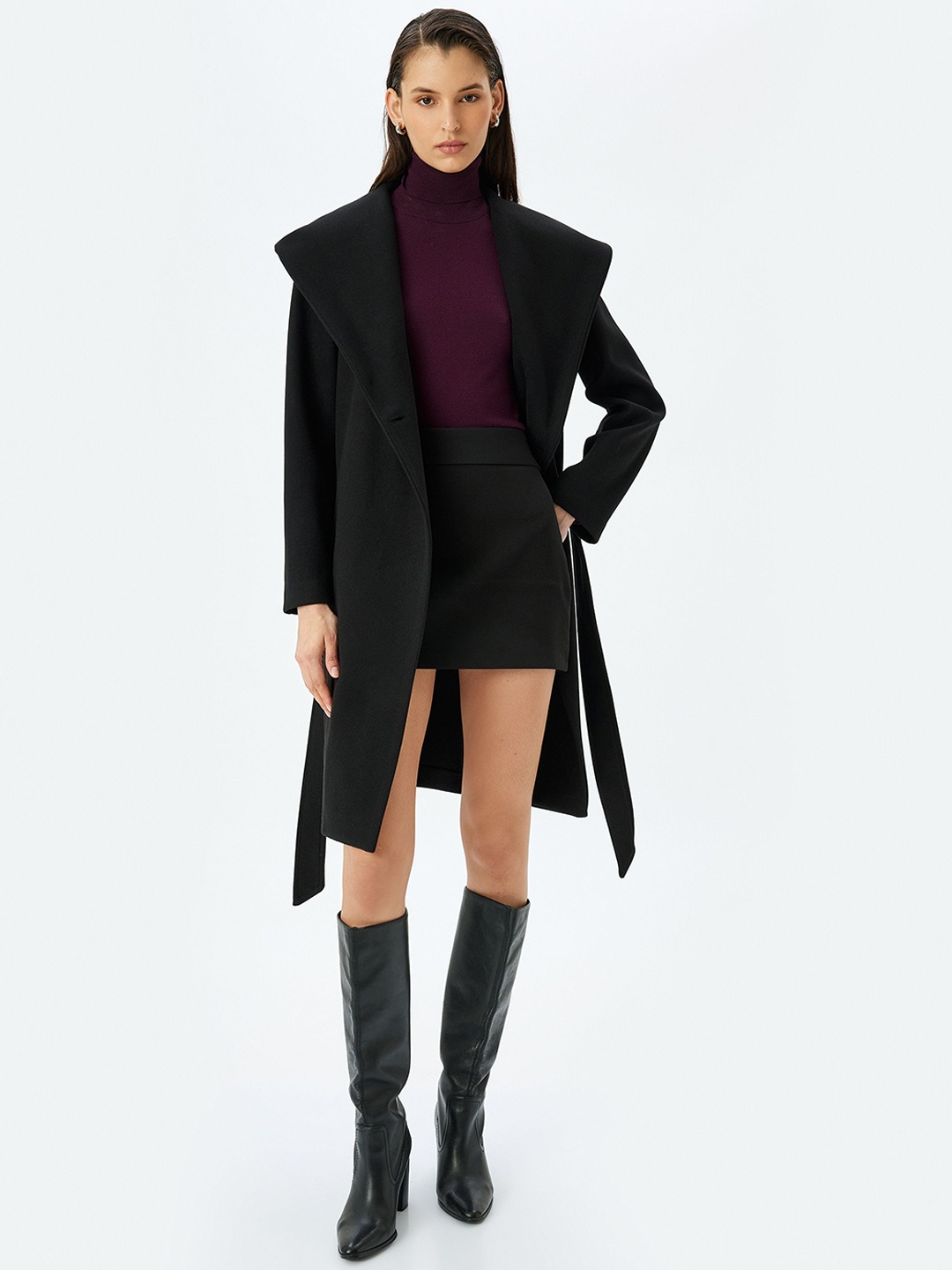 

Koton Women Notched Lapel Single-Breasted Overcoat, Black