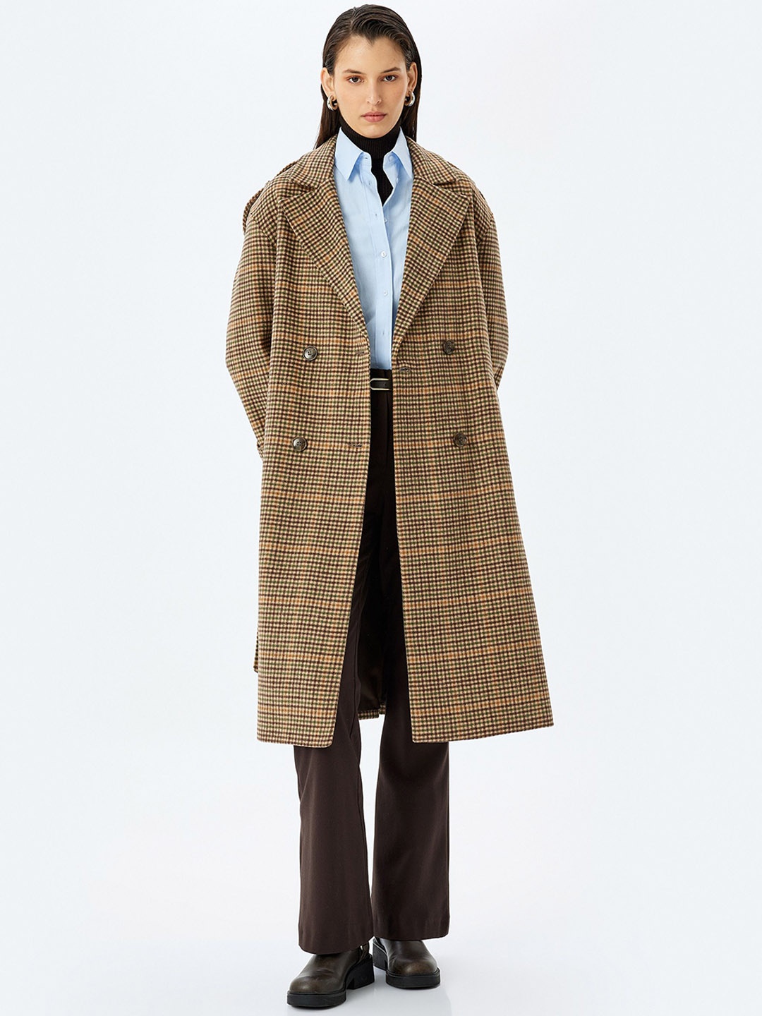 

Koton Women Notched Lapel Double-Breasted Longline Overcoat, Khaki