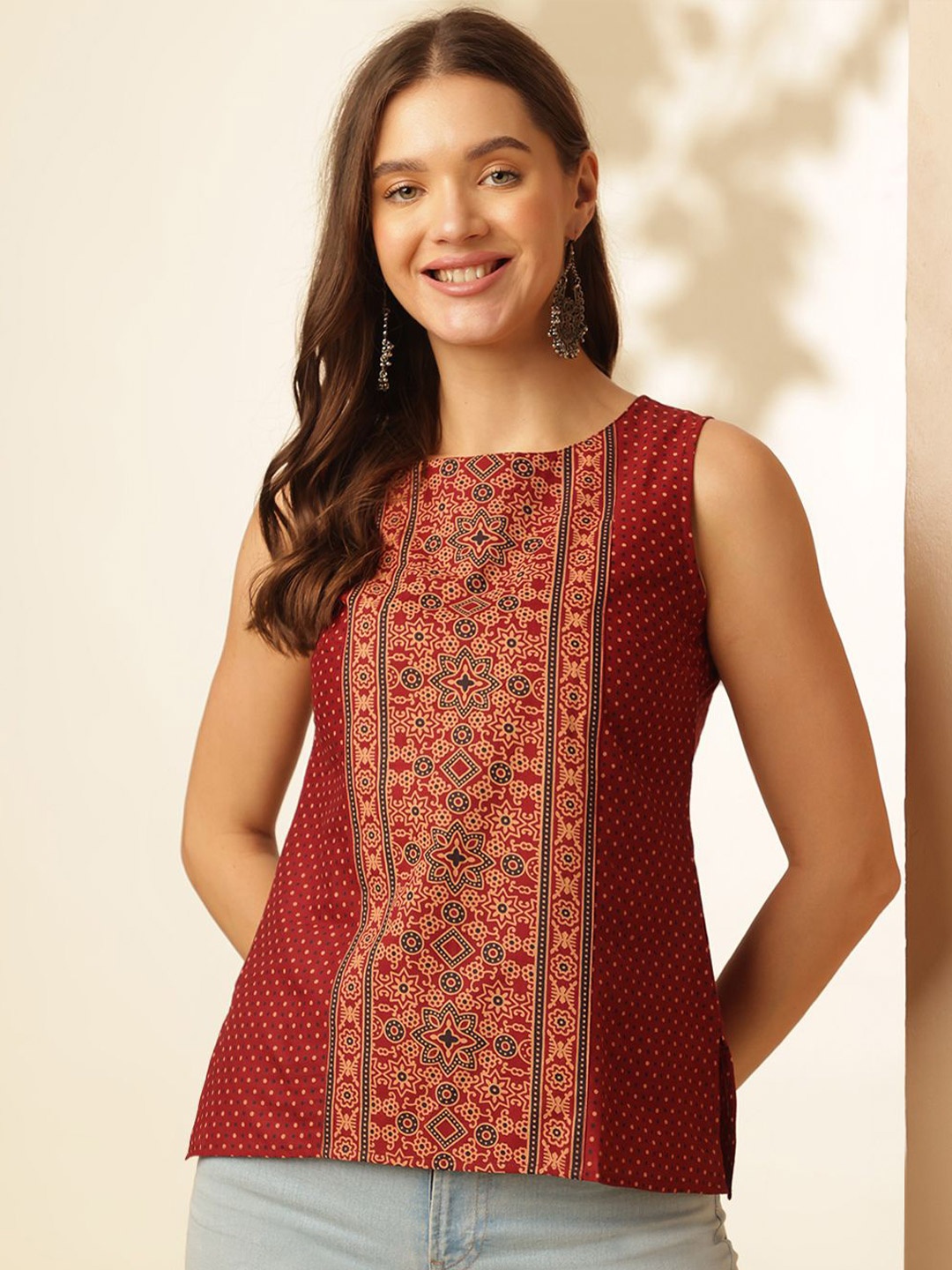 Anouk Women Printed Sleeveless Cotton Top, Maroon