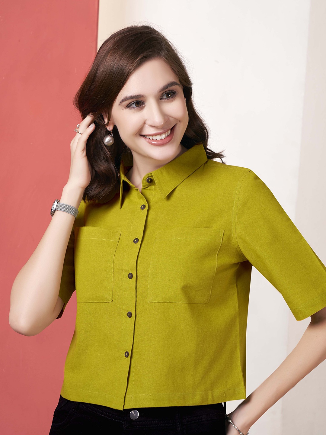 Anouk Women Shirt Collar Cotton Shirt Style Top, Lime green