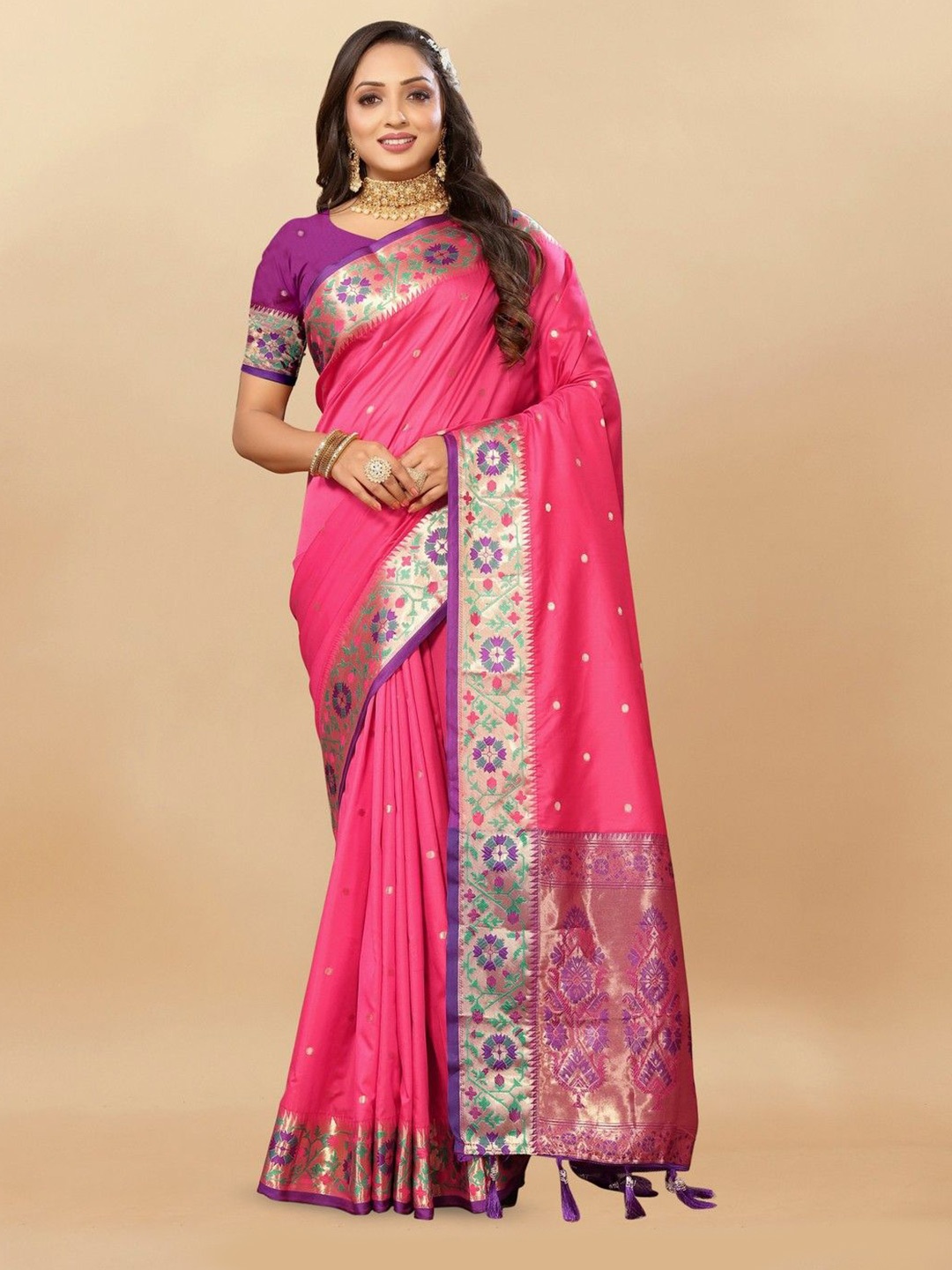 

VARNI FABRICS Ethnic Motifs Woven Design Zari Pure Silk Banarasi Saree, Pink
