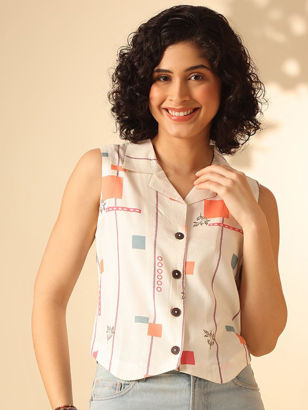 Anouk Women Floral Printed Shirt Style Top, White