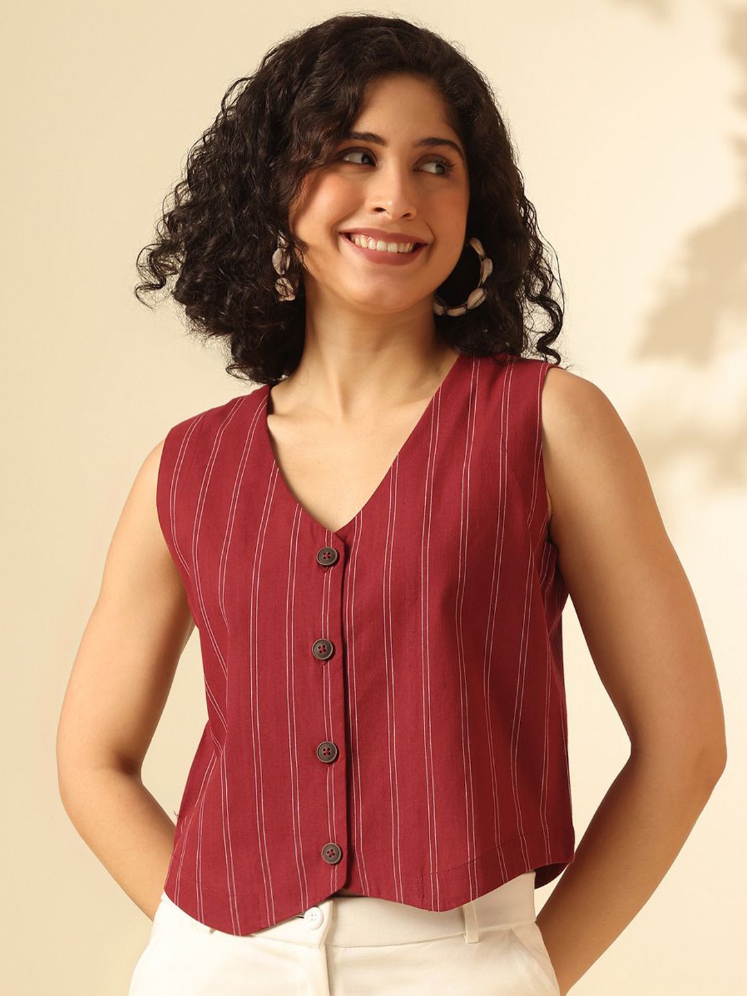 Anouk Women Striped Self Design Cotton Shirt Style Top, Red