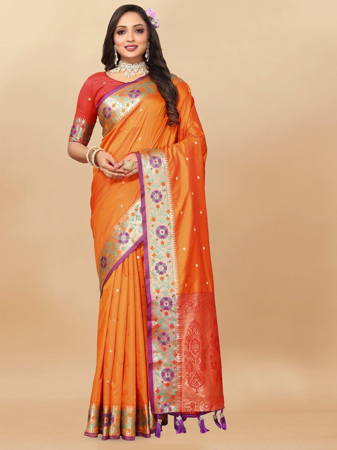 

VARNI FABRICS Ethnic Motifs Woven Design Pure Silk Banarasi Saree, Orange