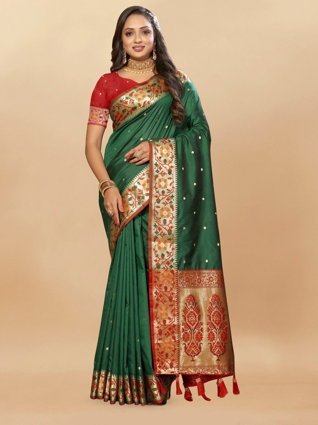 

VARNI FABRICS Woven Design Zari Pure Silk Banarasi Saree, Green