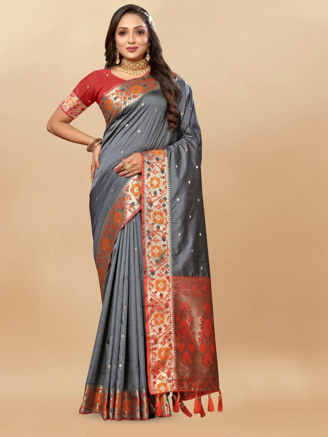 

VARNI FABRICS Woven Design Pure Silk Banarasi Saree, Grey