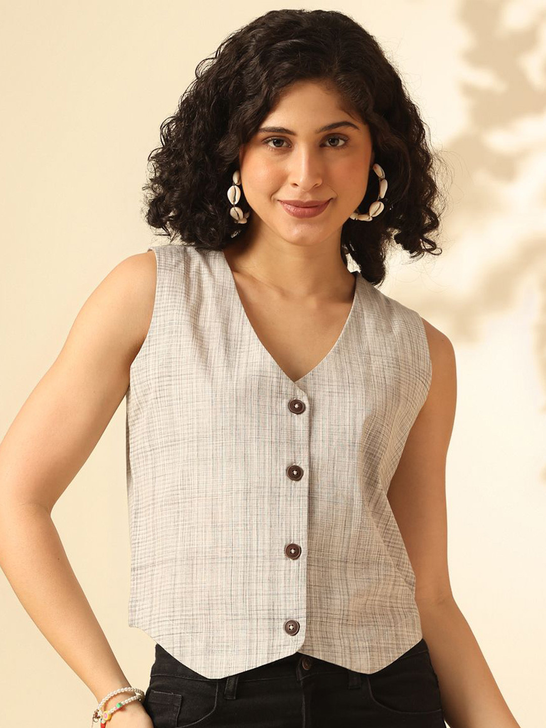 

Anouk Women V-Neck Cotton Shirt Style Top, Grey