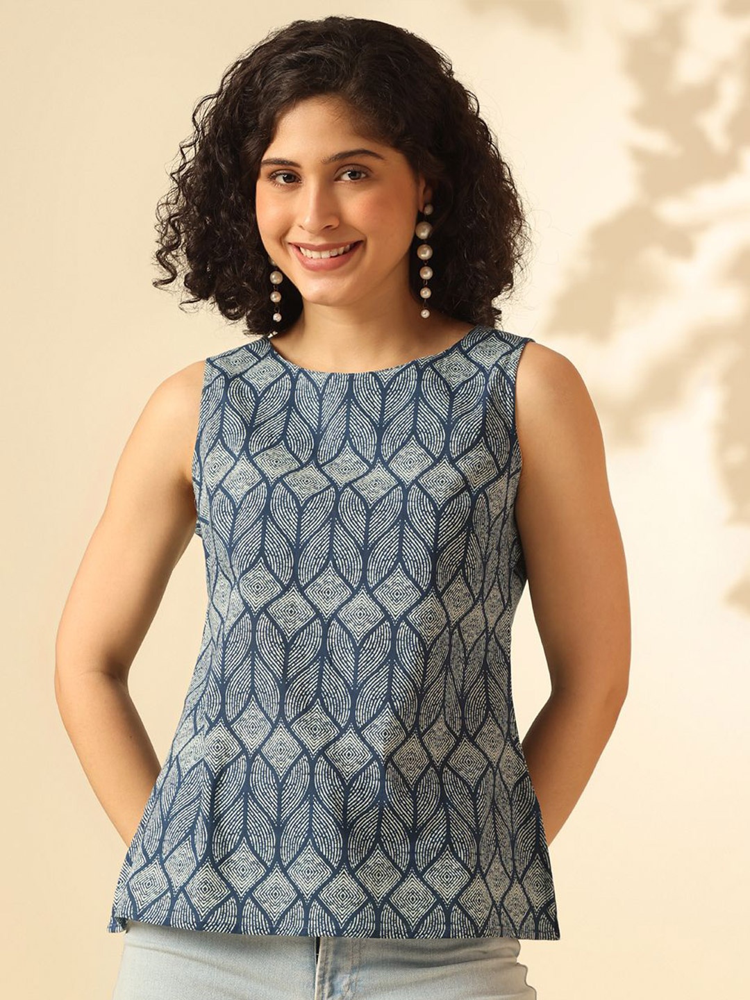 

Anouk Women Abstract Printed Boat Neck Sleeveless Cotton Top, Blue