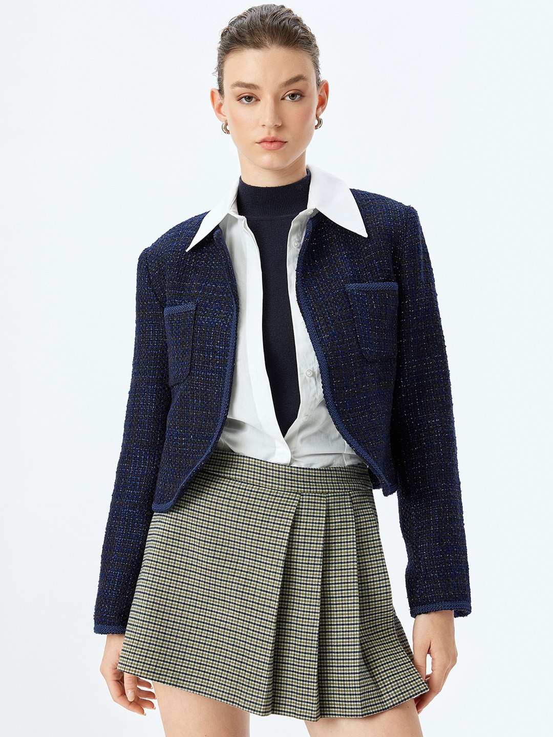 

Koton Women Striped Longline Tailored Jacket with Embroidered, Navy blue
