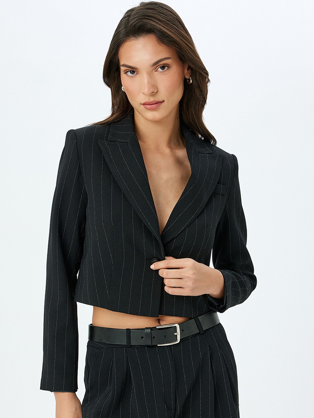 

Koton Women Striped Longline Open Front Jacket with Embroidered, Black