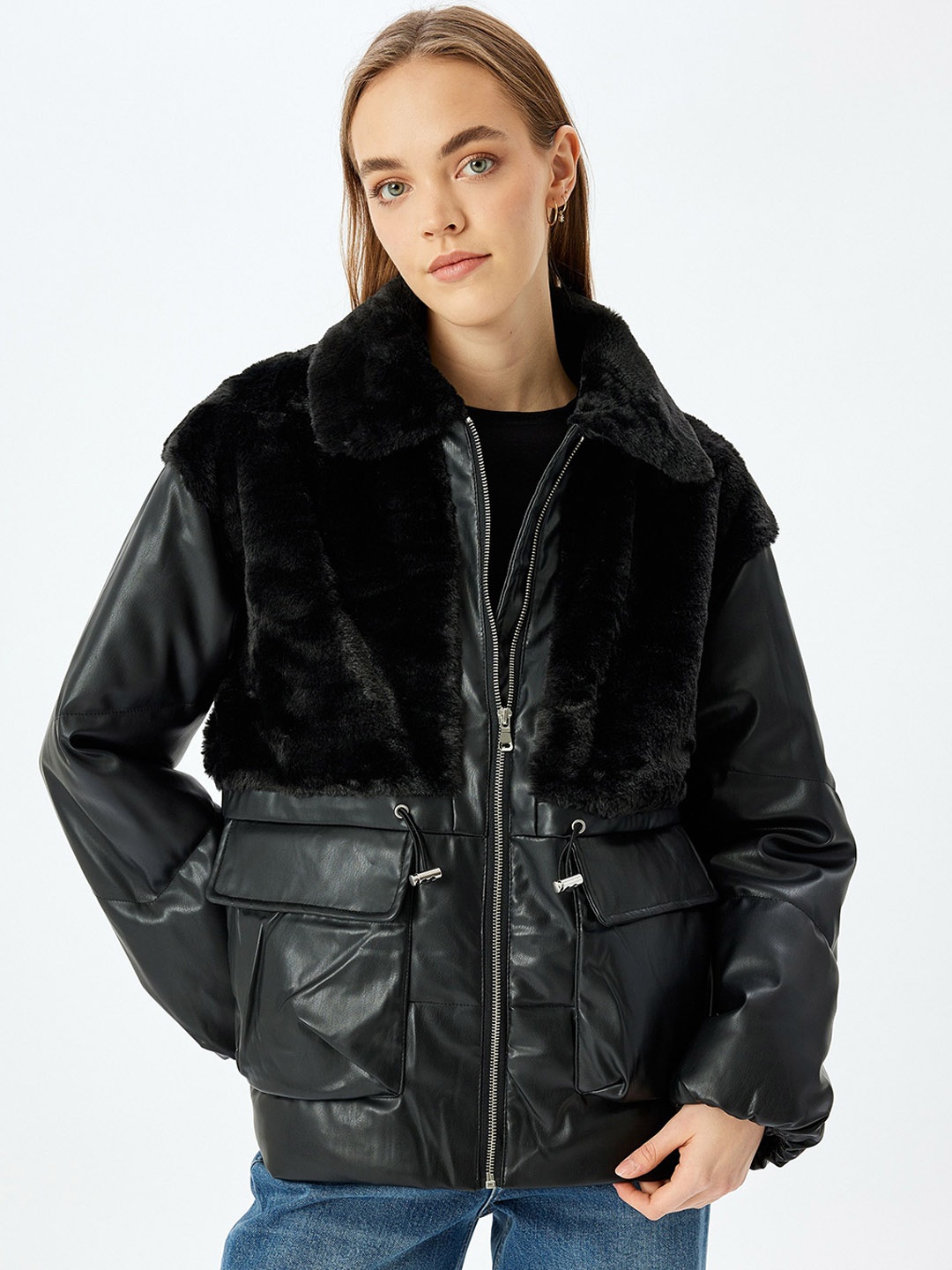 Koton Women Washed Colourblocked Parka Jacket, Black