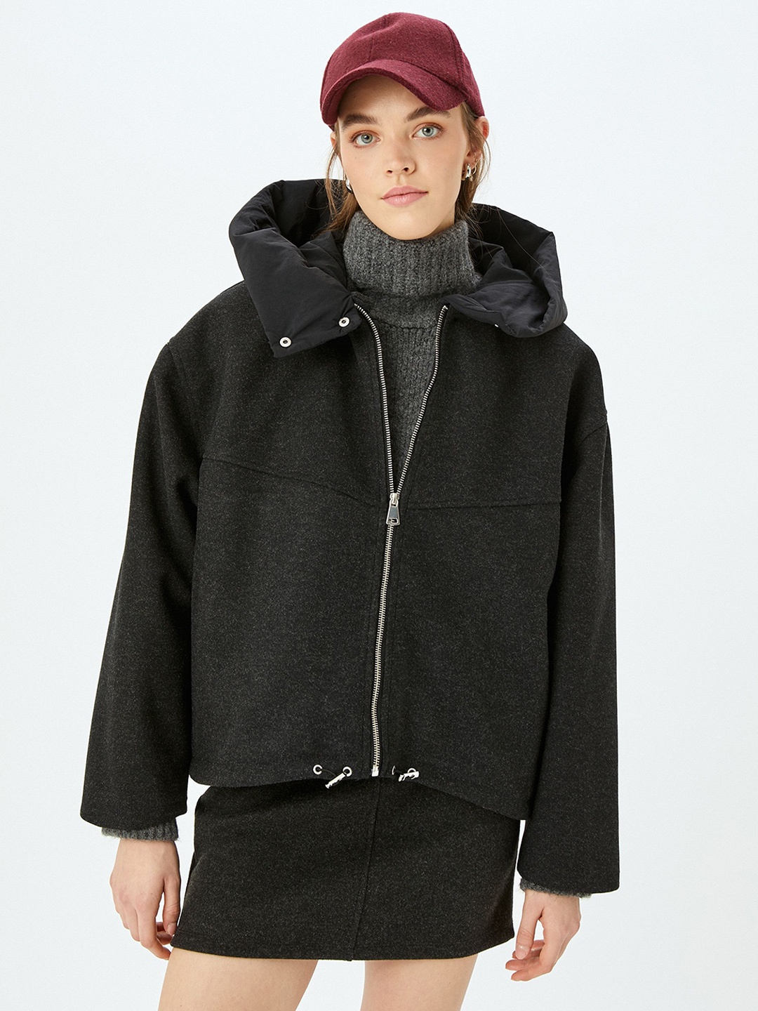 Koton Women Bomber Jacket, Grey melange