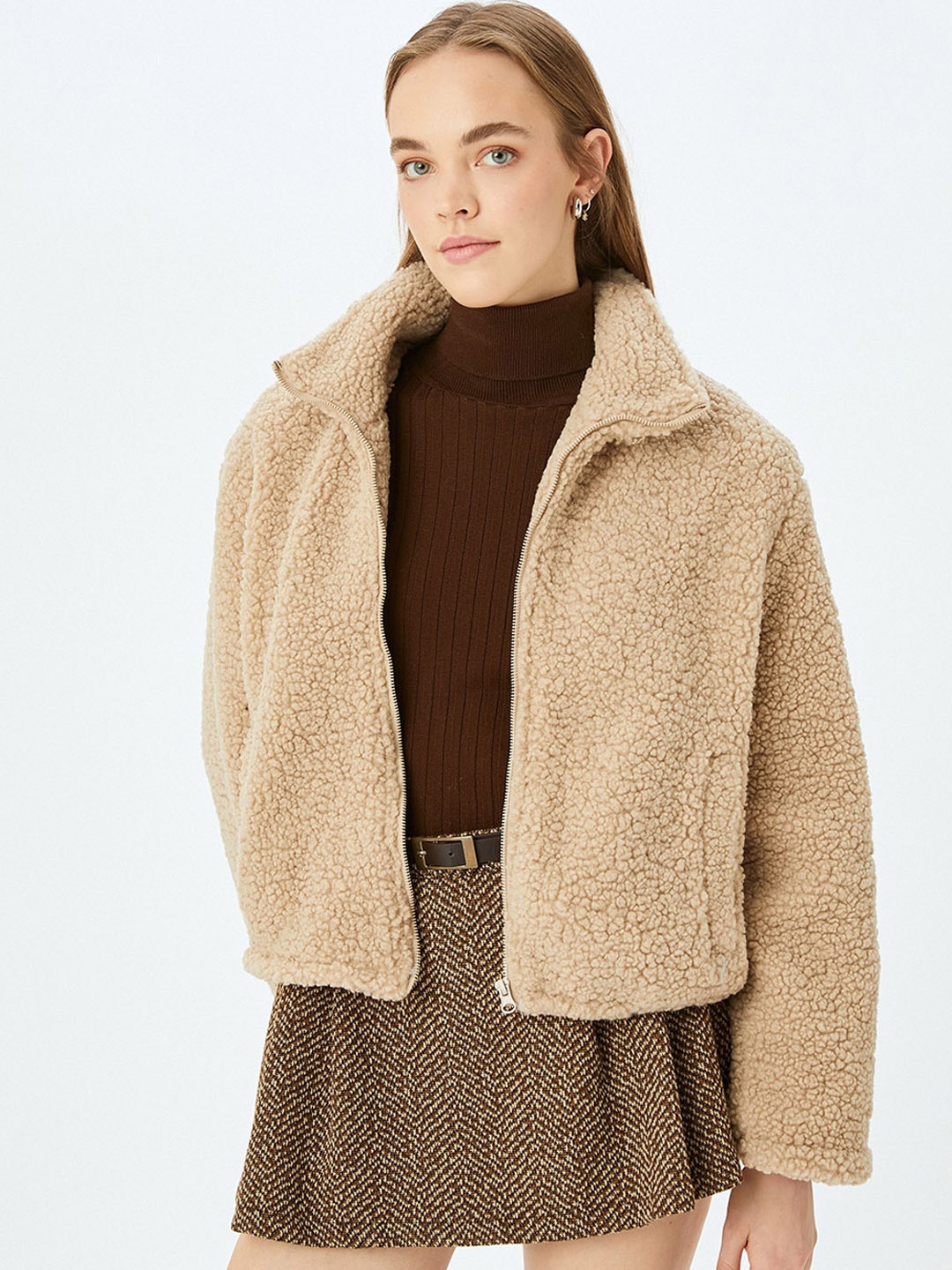 Koton Women Open Front Jacket, Camel brown