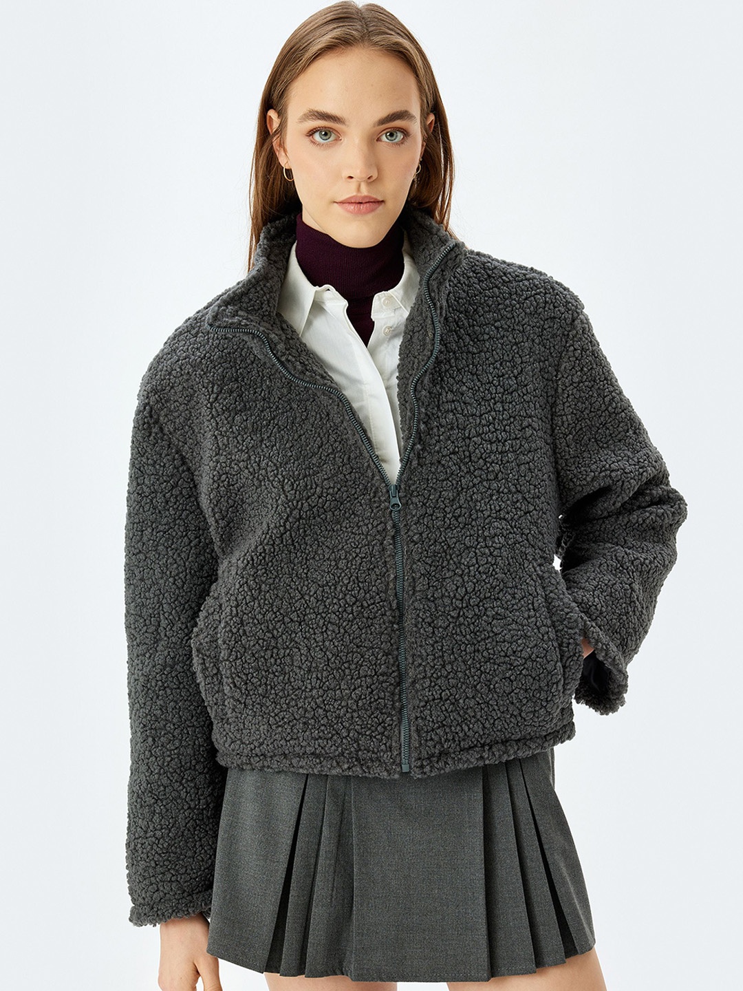 

Koton Women Striped Longline Tailored Jacket, Grey