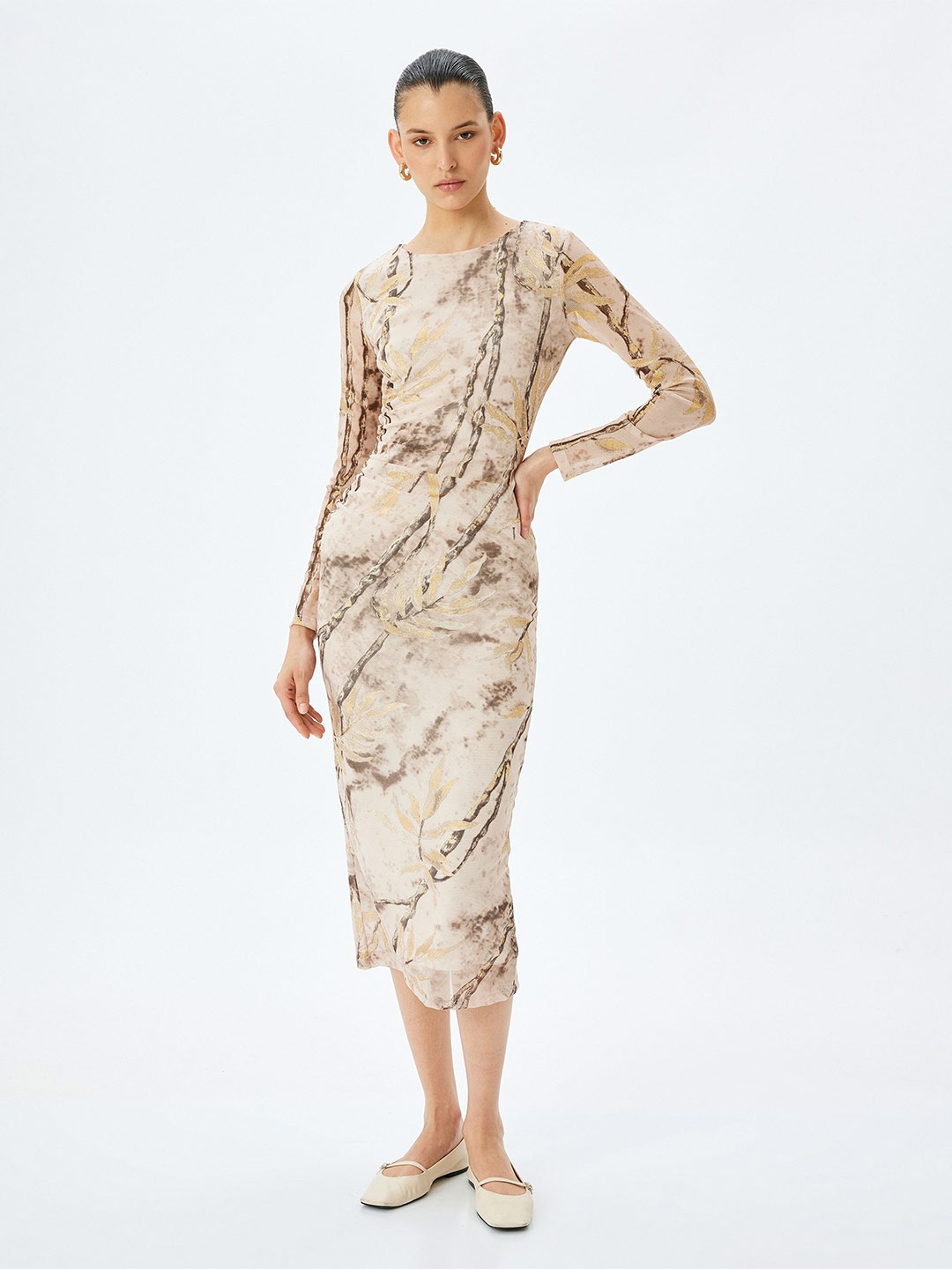 

Koton Women Abstract Printed Bodycon Midi Dress, Beige