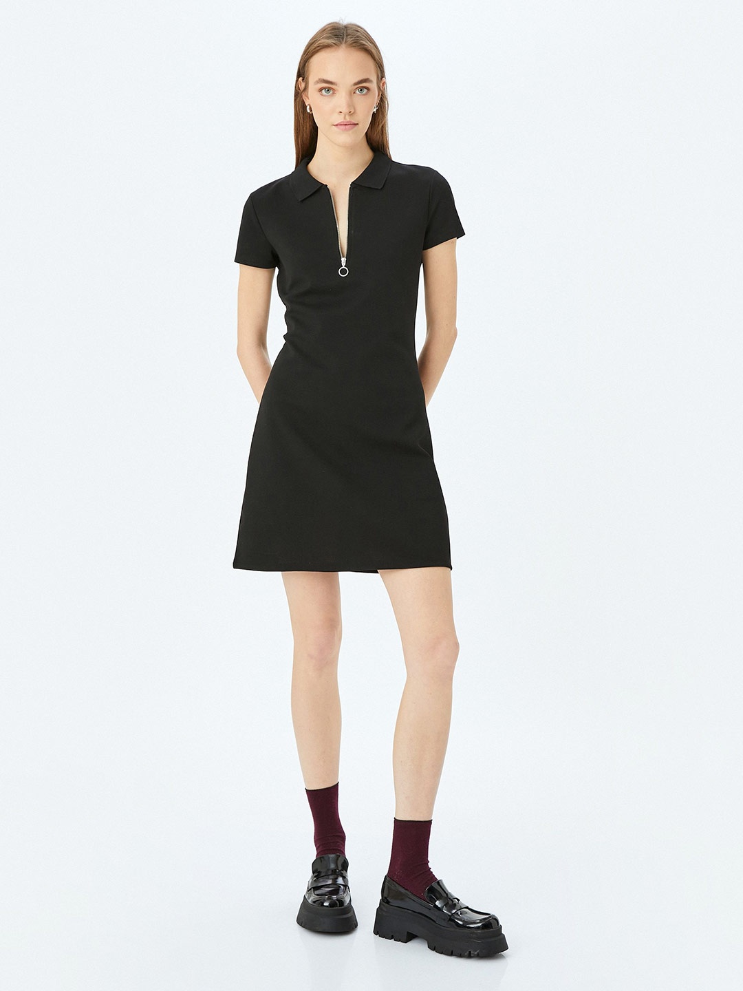 

Koton Women Shirt Collar Mini Sheath Dress, Black