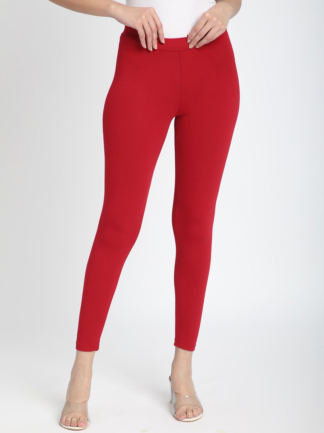 

R&B Women Knitted Cotton Ankle-Length Leggings, Red