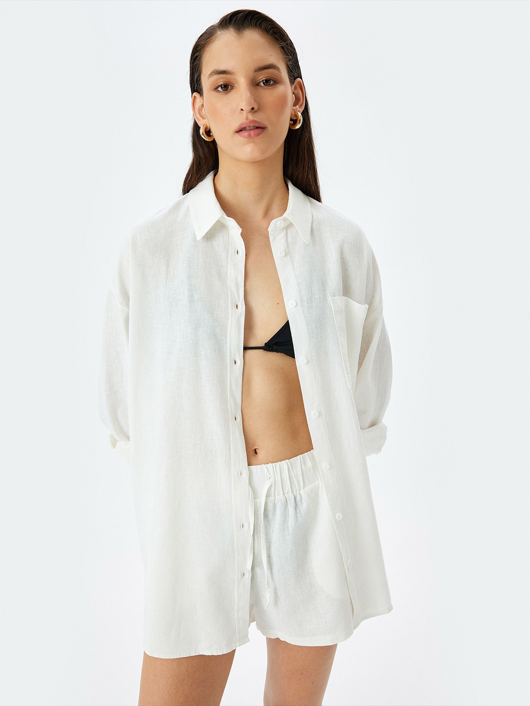 

Koton Women Shirt Collar Shirt Mini Dress, White