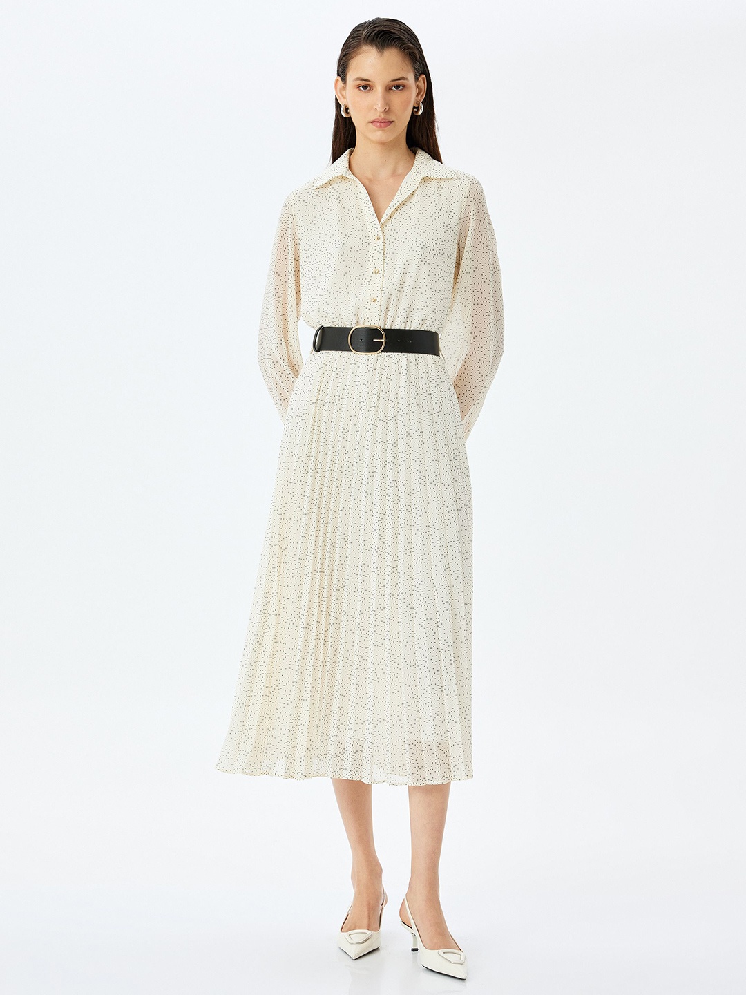 Koton Women Shirt Collar Fit & Flare Midi Dress, Beige