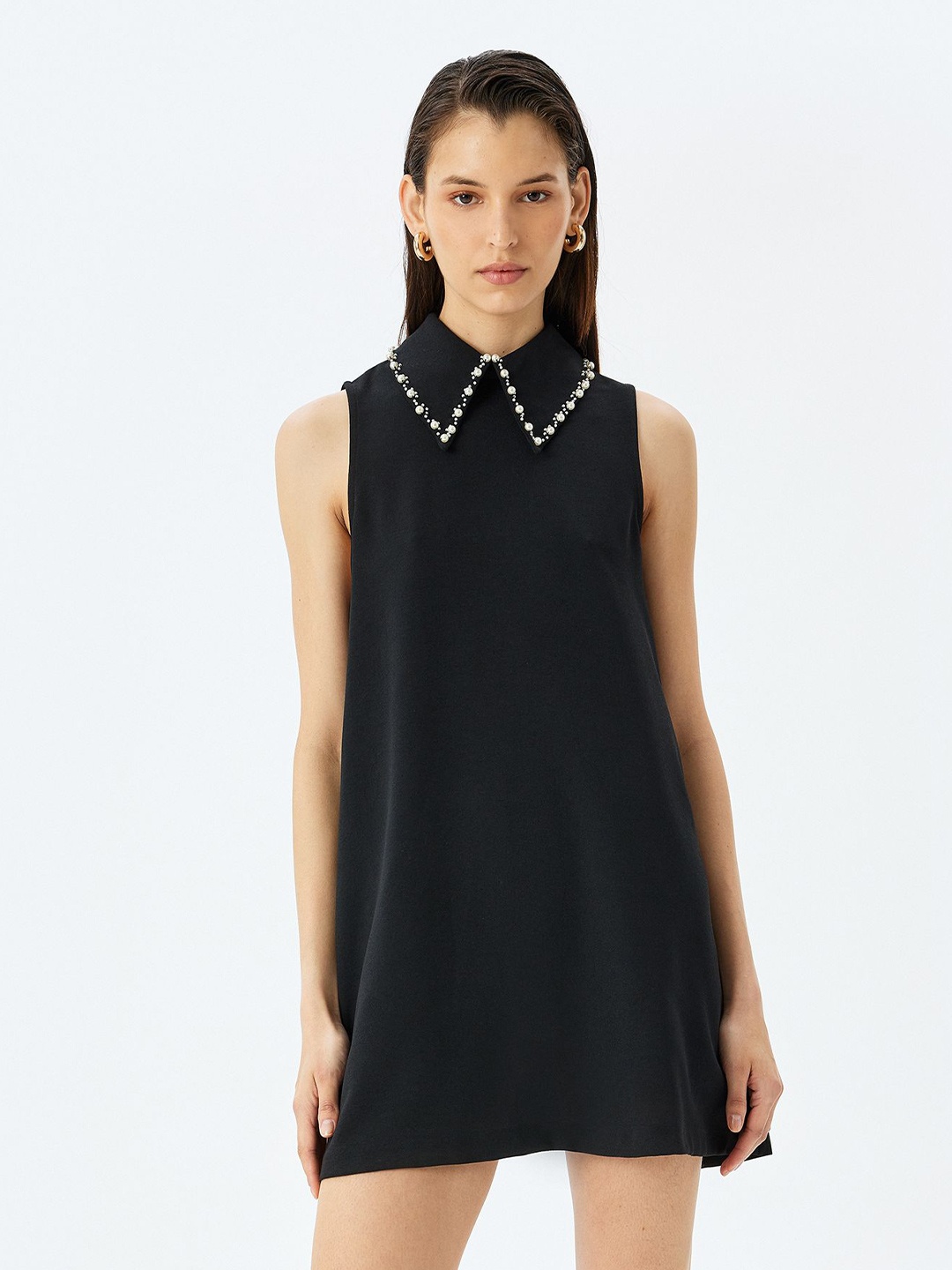 Koton Women Shirt Collar A-Line Mini Dress, Black