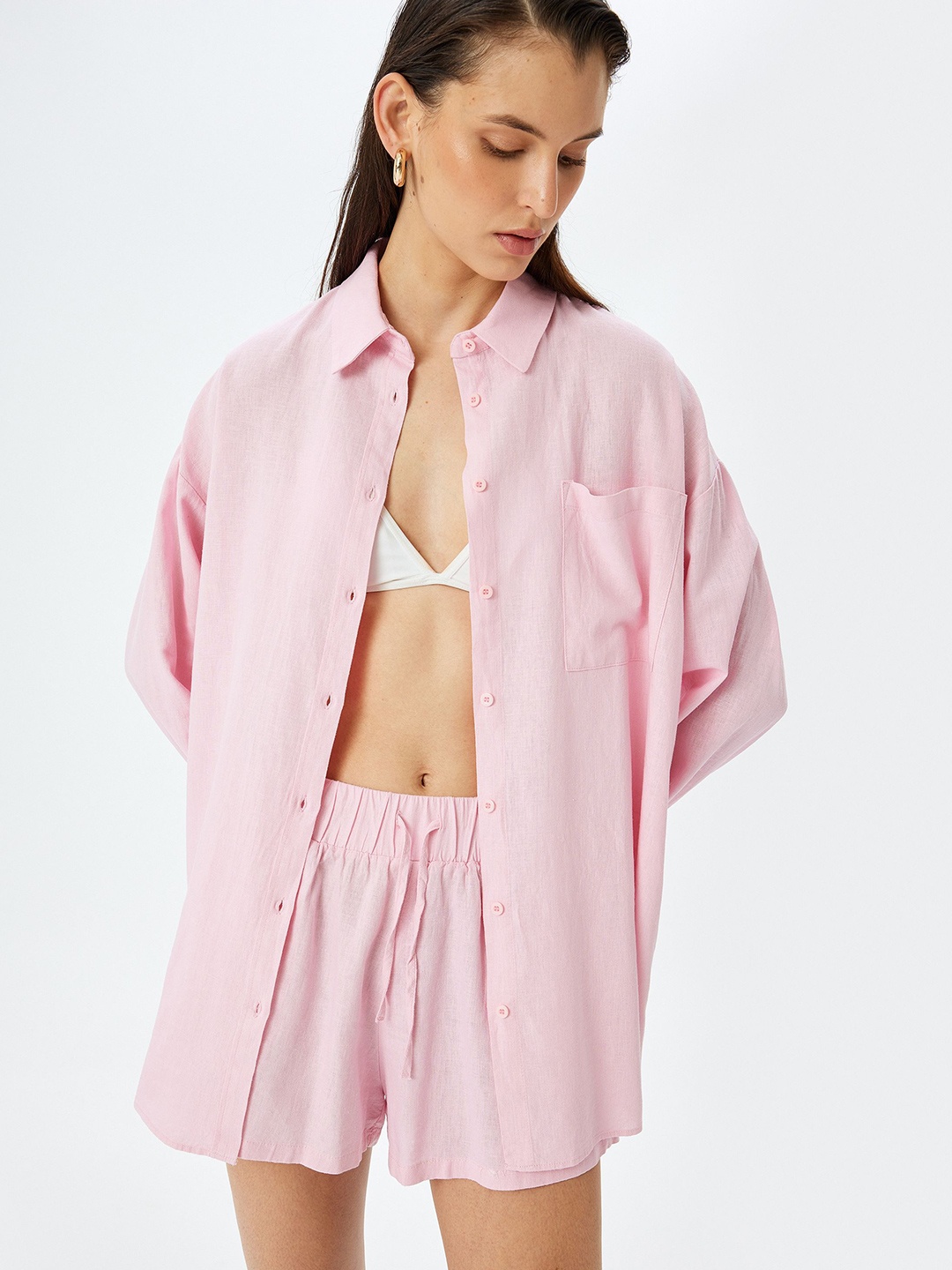 

Koton Women Linen Long Sleeves Shirt Dress, Pink