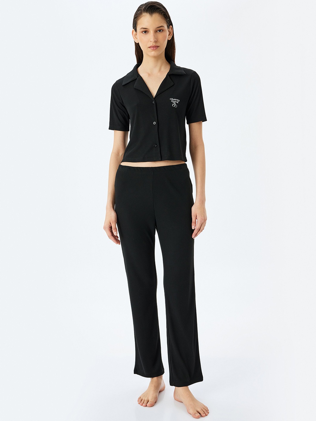 Koton Women Printed Top and Pyjamas Night suit, Black