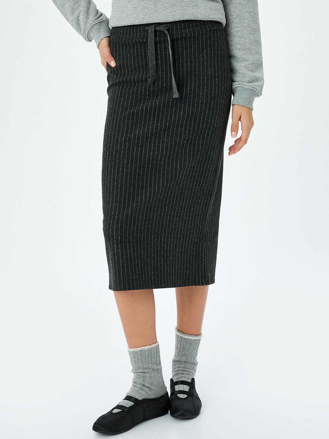 Koton Women Striped Pencil Midi Skirt, Grey