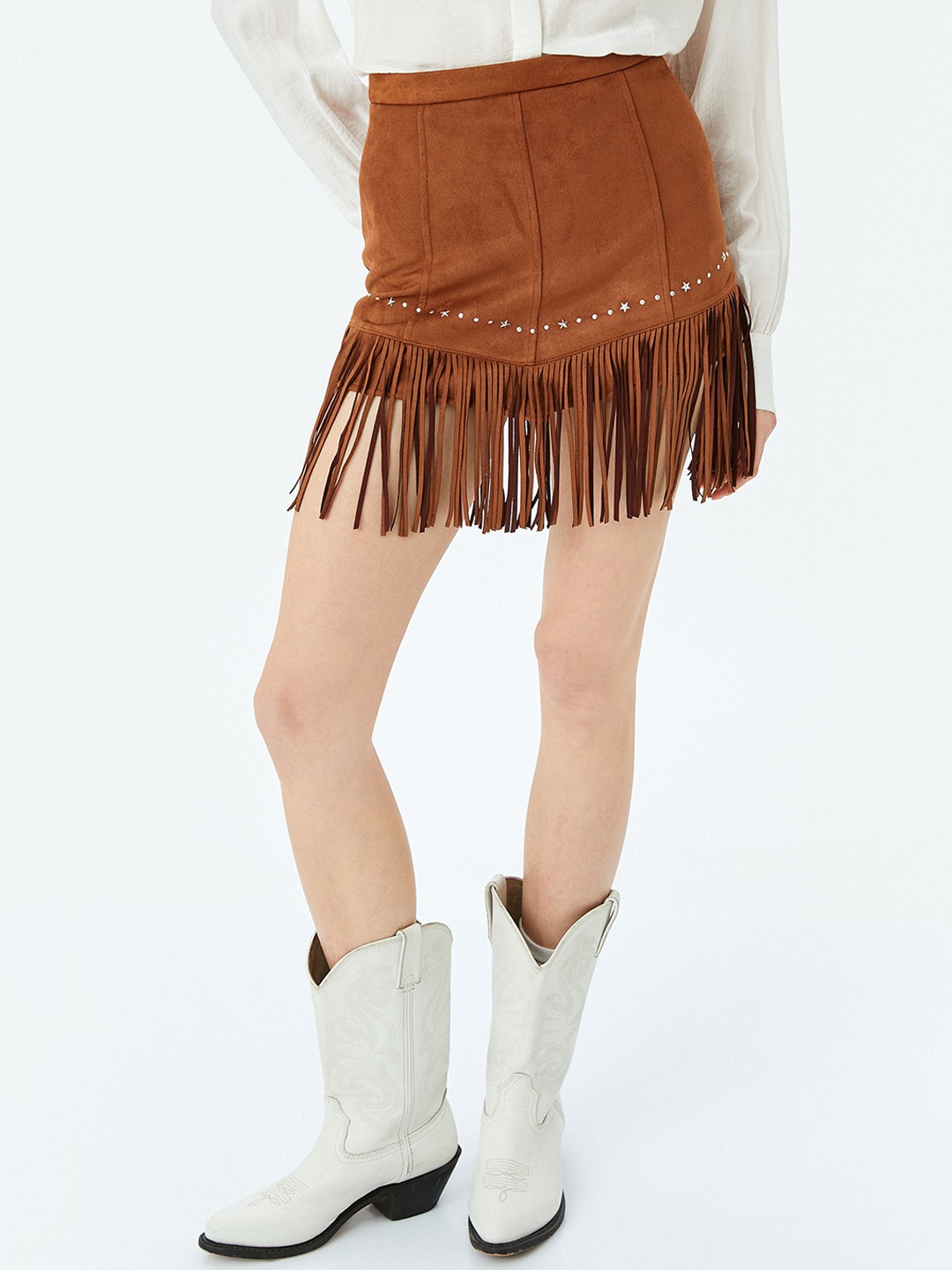 

Koton Women Embellished Mini Fringed Skirts, Brown