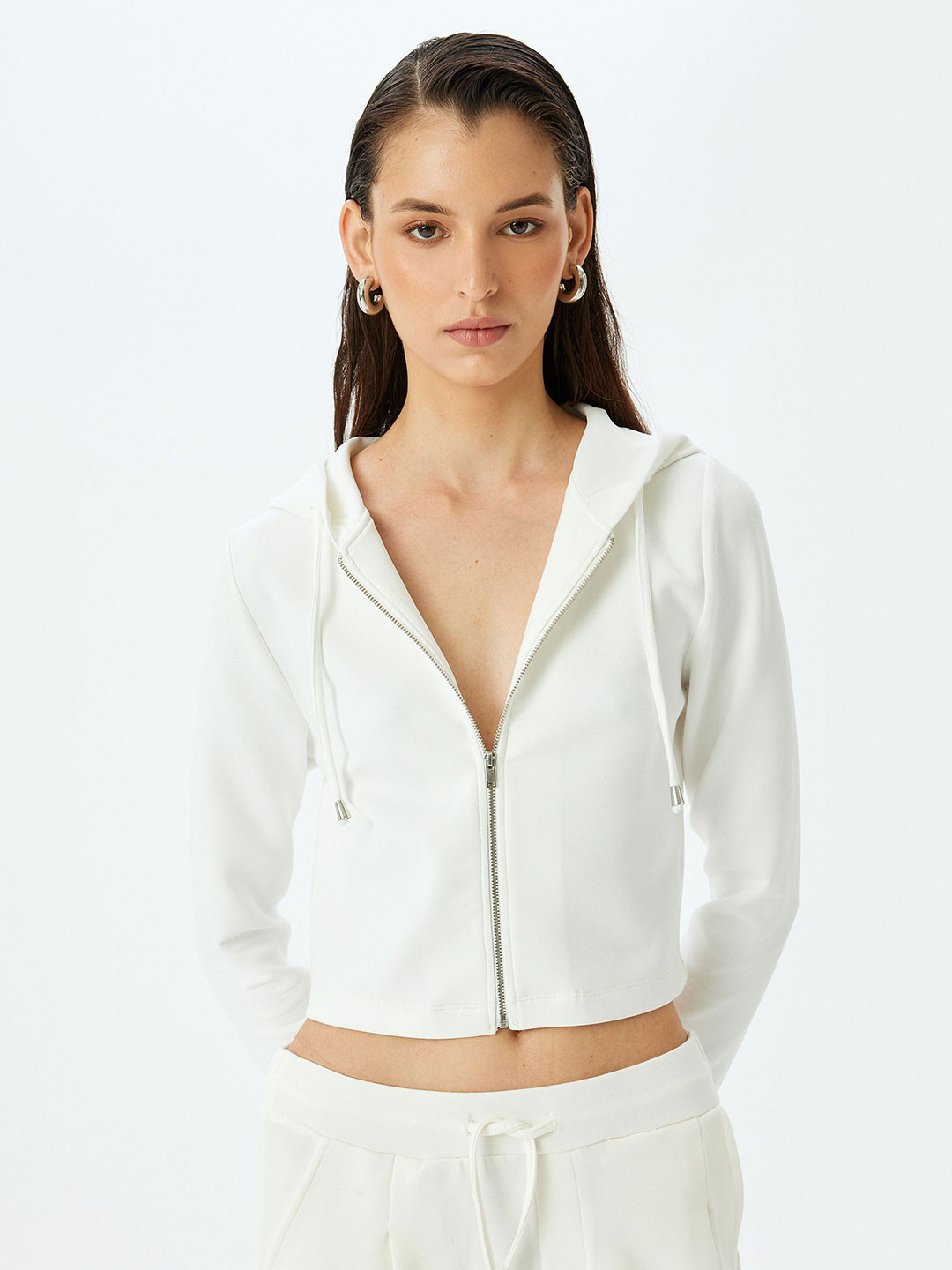 

Koton Women Hooded Front-Open Crop Sweatshirt, White