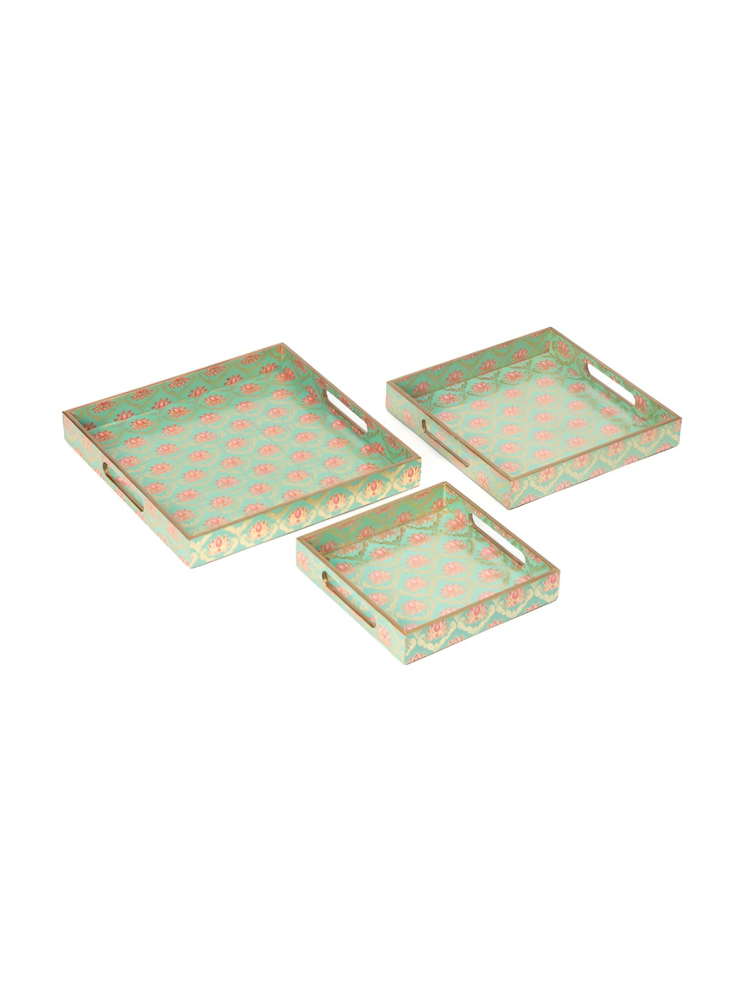 

DULI Green and Pink 3 Pieces Floral Printed Wooden Serving Trays
