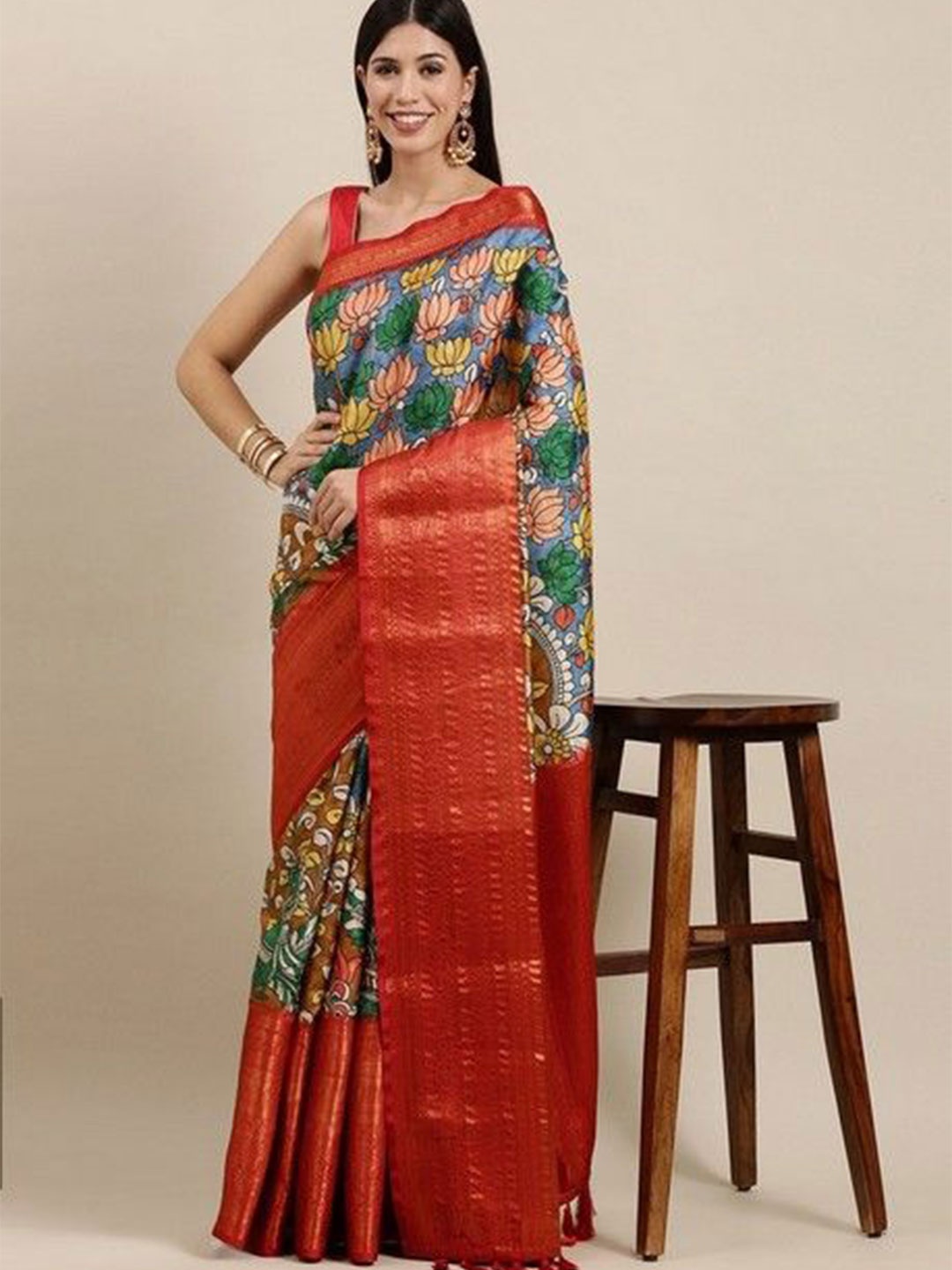

VARNI FABRICS Floral Zari Pure Silk Banarasi Saree, Blue