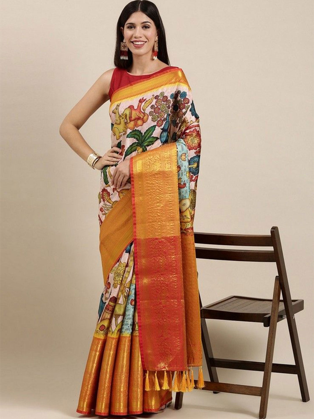 VARNI FABRICS Floral Zari Pure Silk Banarasi Saree, Yellow
