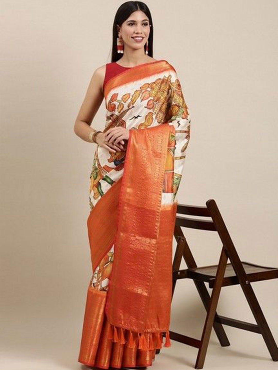 

VARNI FABRICS Ethnic Motifs Pure Silk Banarasi Saree, Beige