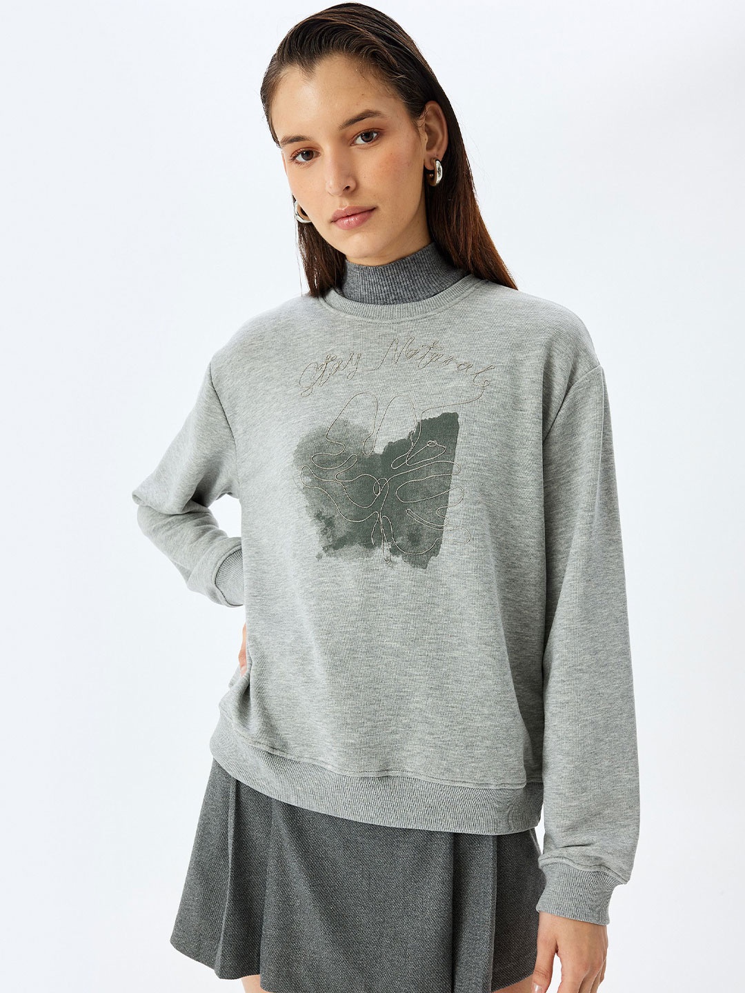 Koton Women Graphic Printed Pullover, Grey