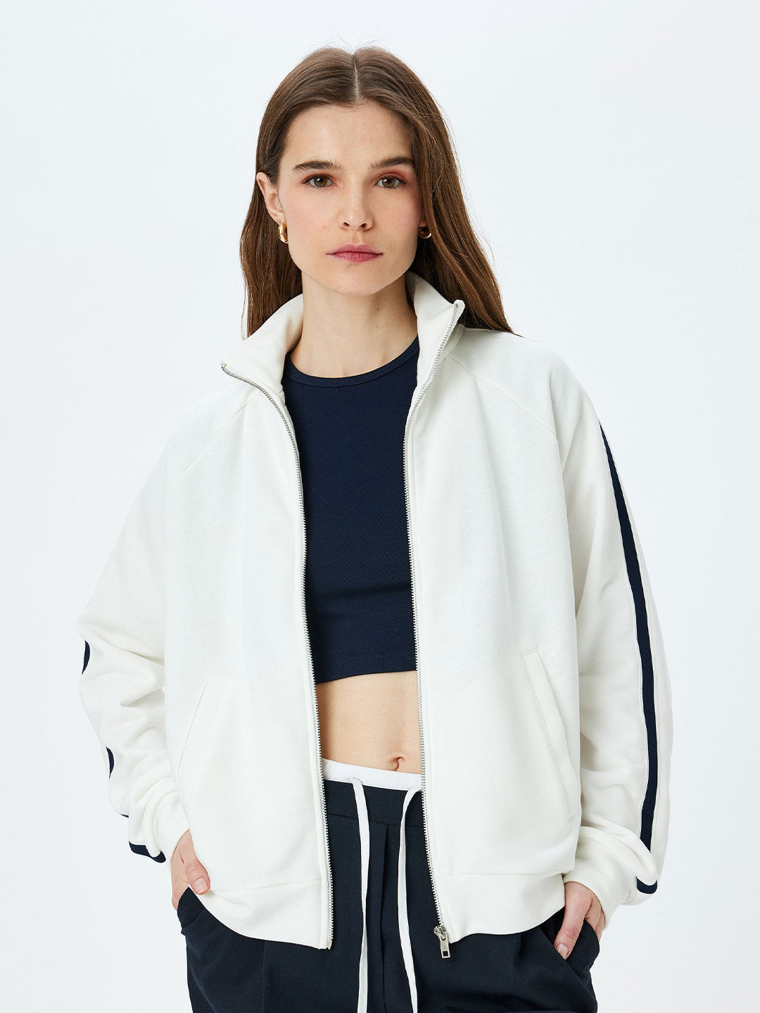 

Koton Women Mock Collar Front-Open Sweatshirt, White