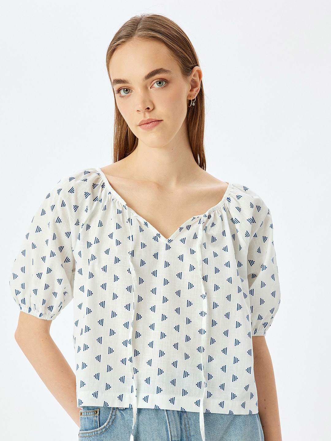 

Koton Printed Puff Sleeve Pure Cotton Top, White