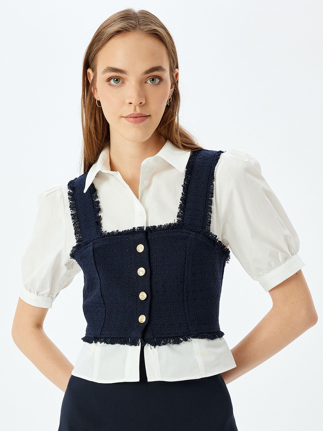 

Koton Women Mandarin Collar Puff Sleeve Cotton Shirt Style Top, Navy blue